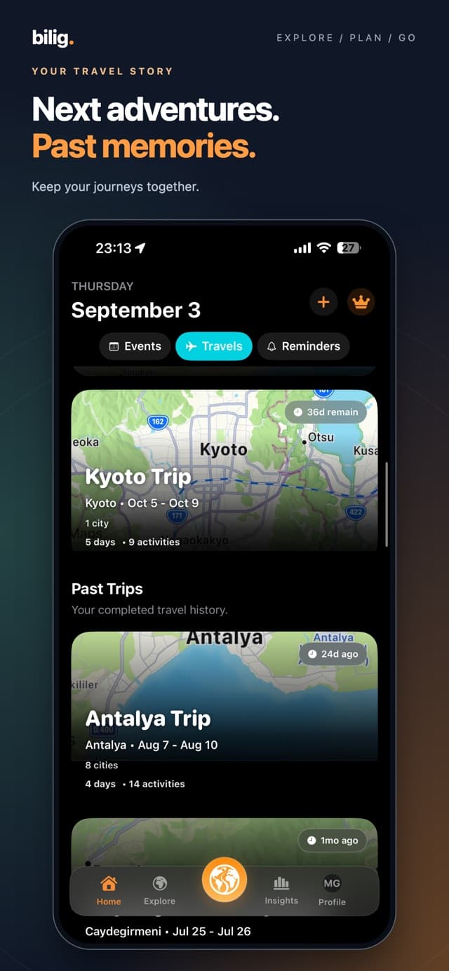 Official Bilig App Store preview showing upcoming and past trips in a personal travel history