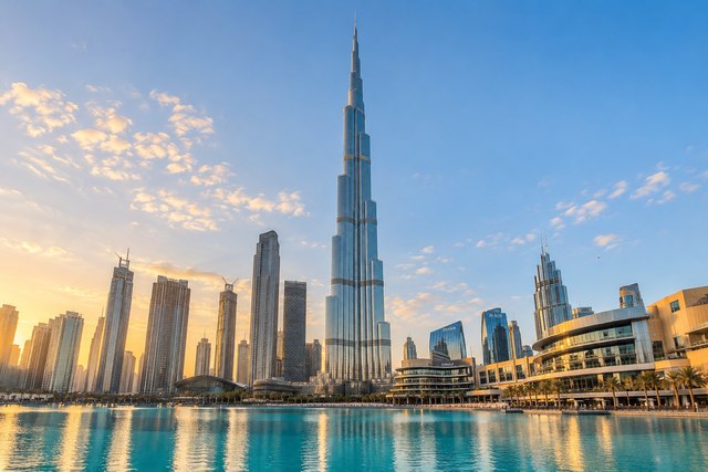 Burj Khalifa beside the fountain lake in Dubai.