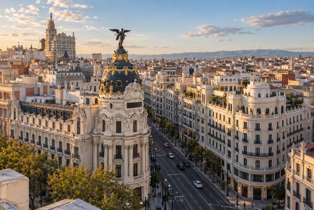 Madrid cityscape with the Metropolis building, Spain