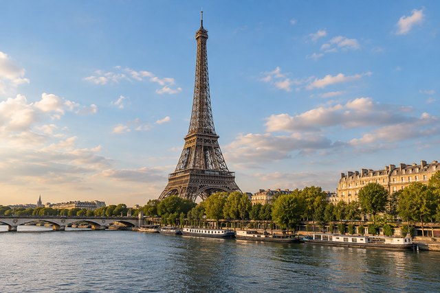 Eiffel Tower beside the Seine in Paris.